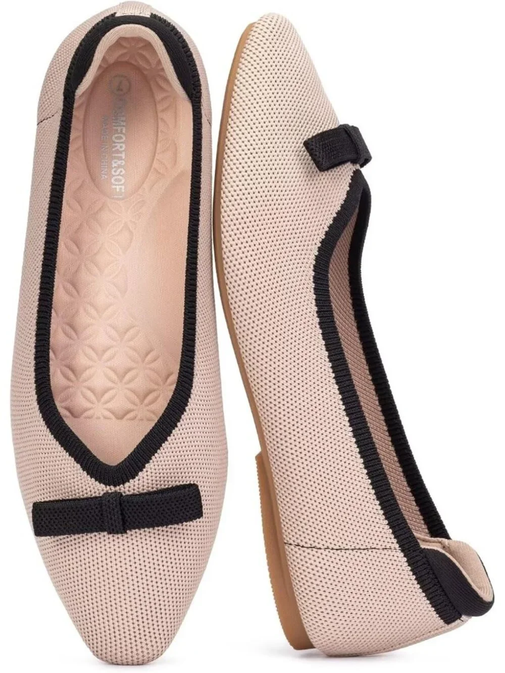 Frank Mully Women's Khaki Black Rubber Knit Squared Toe Bow Slip On Ballet Flats